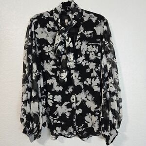 Chicos 3 (16/18) Black White Floral Bow Blouse Long Sleeve Sheer Chiffon Top